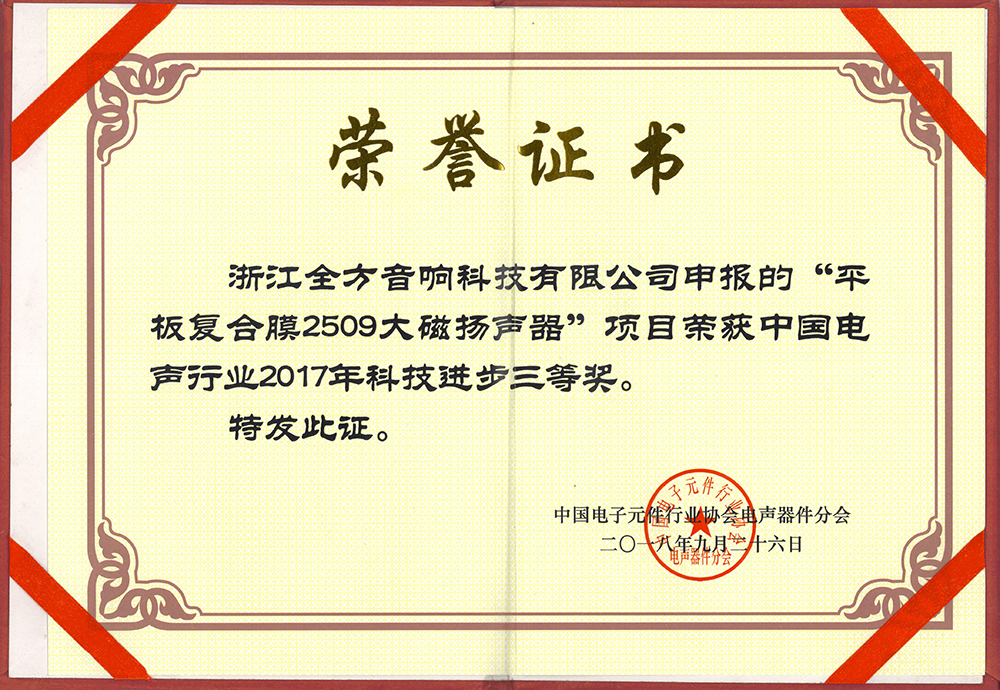 A2018年平板复合膜2509大磁扬声器科技进步三等奖