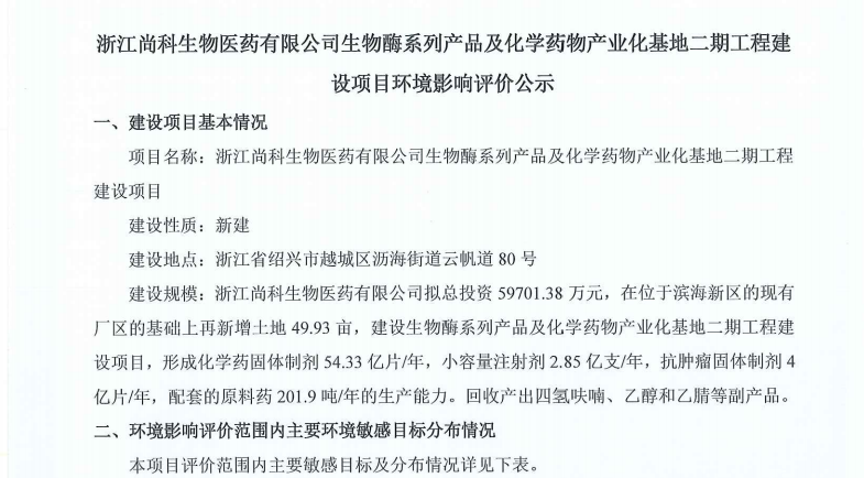 浙江龙8生物医药有限公司生物酶系列产品及化学药物产业化基地二期工程建设项目环境影响评价公示