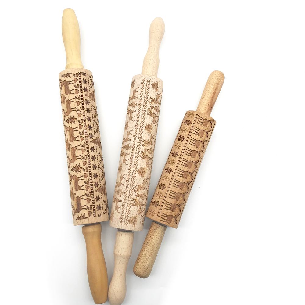 Christmas Halloween Embossing Engraved Wooden Rolling Pin Baking Cookies Mould Cake Dough Engraved Roller
