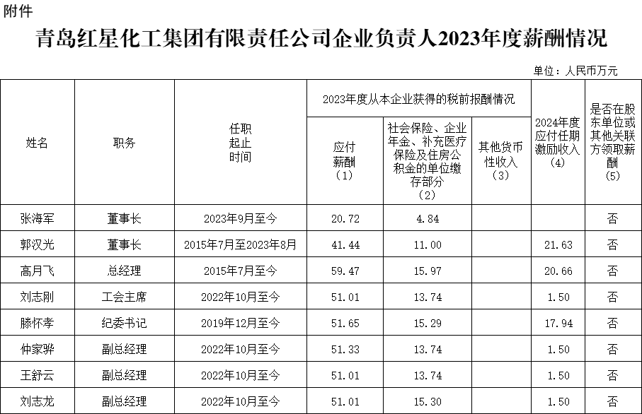 青島紅星化工集團(tuán)有限責(zé)任公司企業(yè)負(fù)責(zé)人2023年度新酬情況
