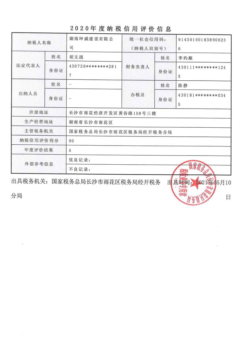 2020年納稅信用稅務(wù)等級(jí)為A級(jí)