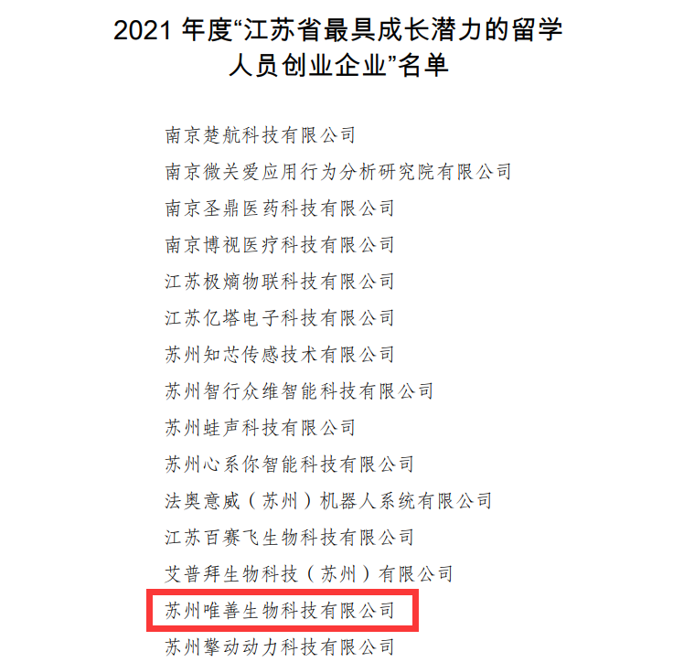新澳门新葡萄娱乐上榜2021年度“江苏省最具成长潜力的留学人员创业企业”