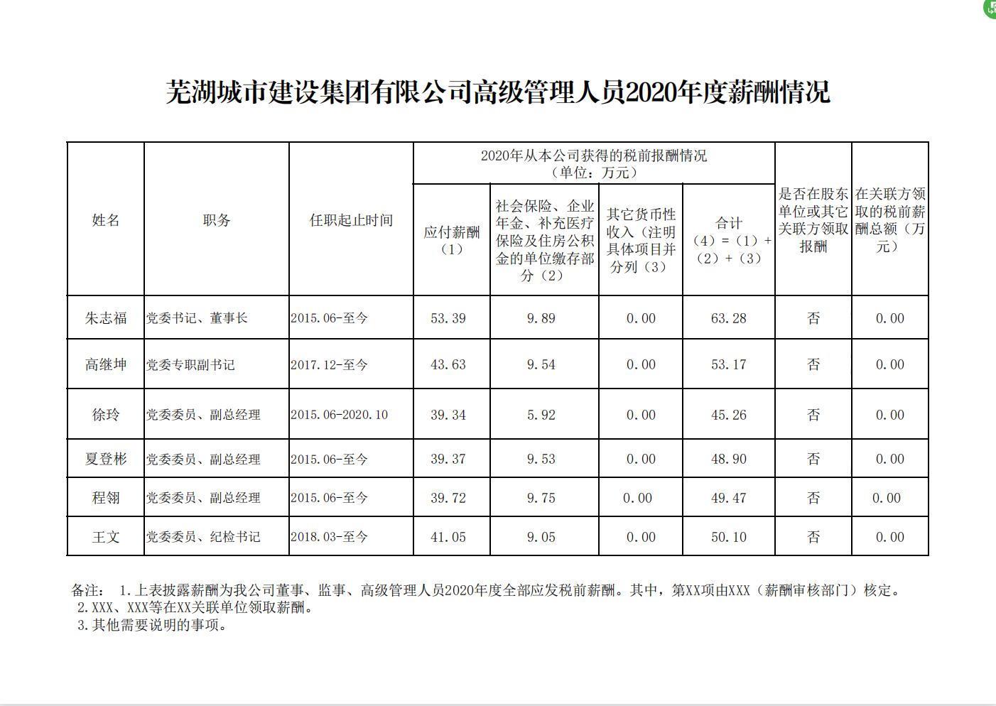 蕪湖城市建設集團有限公司高級管理人員2020年度薪酬情況
