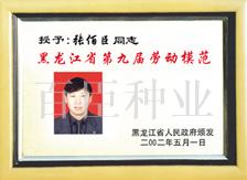 獎牌為張百臣所長科技成果貢獻突出，被黑龍江省政府授予2002年省第九屆勞動模范