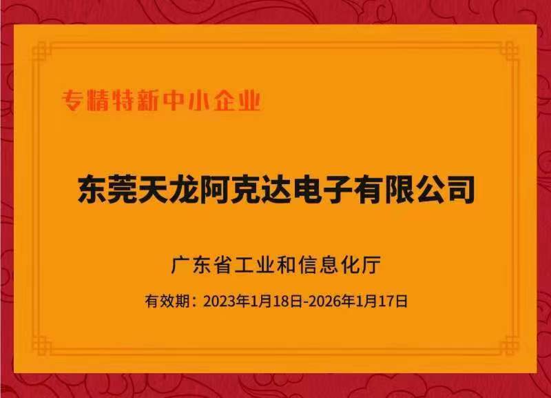 東莞天龍榮獲廣東省2022年專精特新中小企業稱號