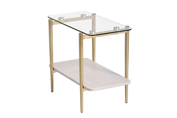現代白色邊桌，鋼化玻璃頂中密度纖維板底座，金屬框架金色