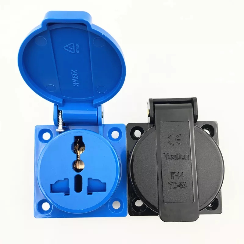 黑色蓝色 10A 250V IP44 圆形户外插座通用交流电源插座防尘防水多功能插座
