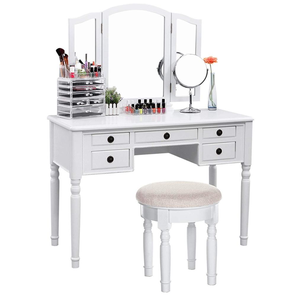 Bedroom Wood Furniture Vanity Dressing Table White Makeup  Dresser With Mirror