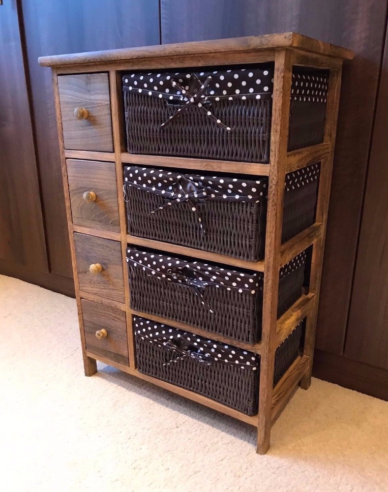 Brown Chest of Drawers Shabby Chic Storage Unit Wicker Baskets Dark Wood Cabinet