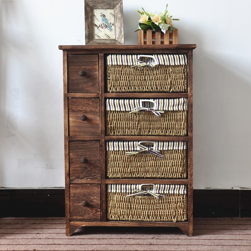 4 tier Tall wood cabinet with many drawers with rattan basket