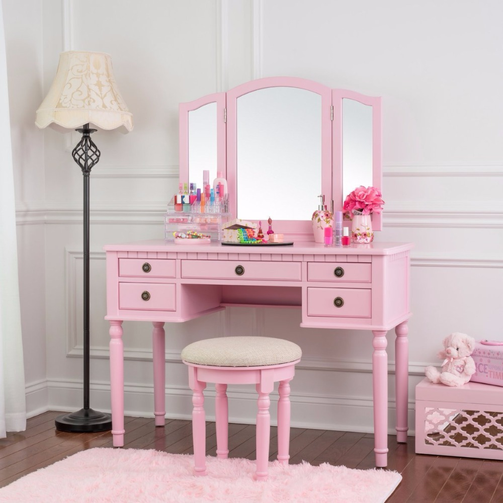 2021 New Design French Style Wooden Mirror Movable Pink Modern Dressing Table for Girls